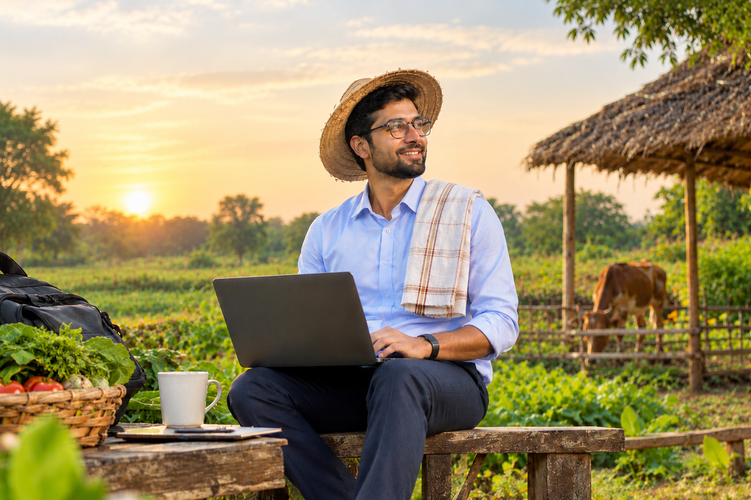 Farmer sitting in a field and working on a laptop while the sun sets